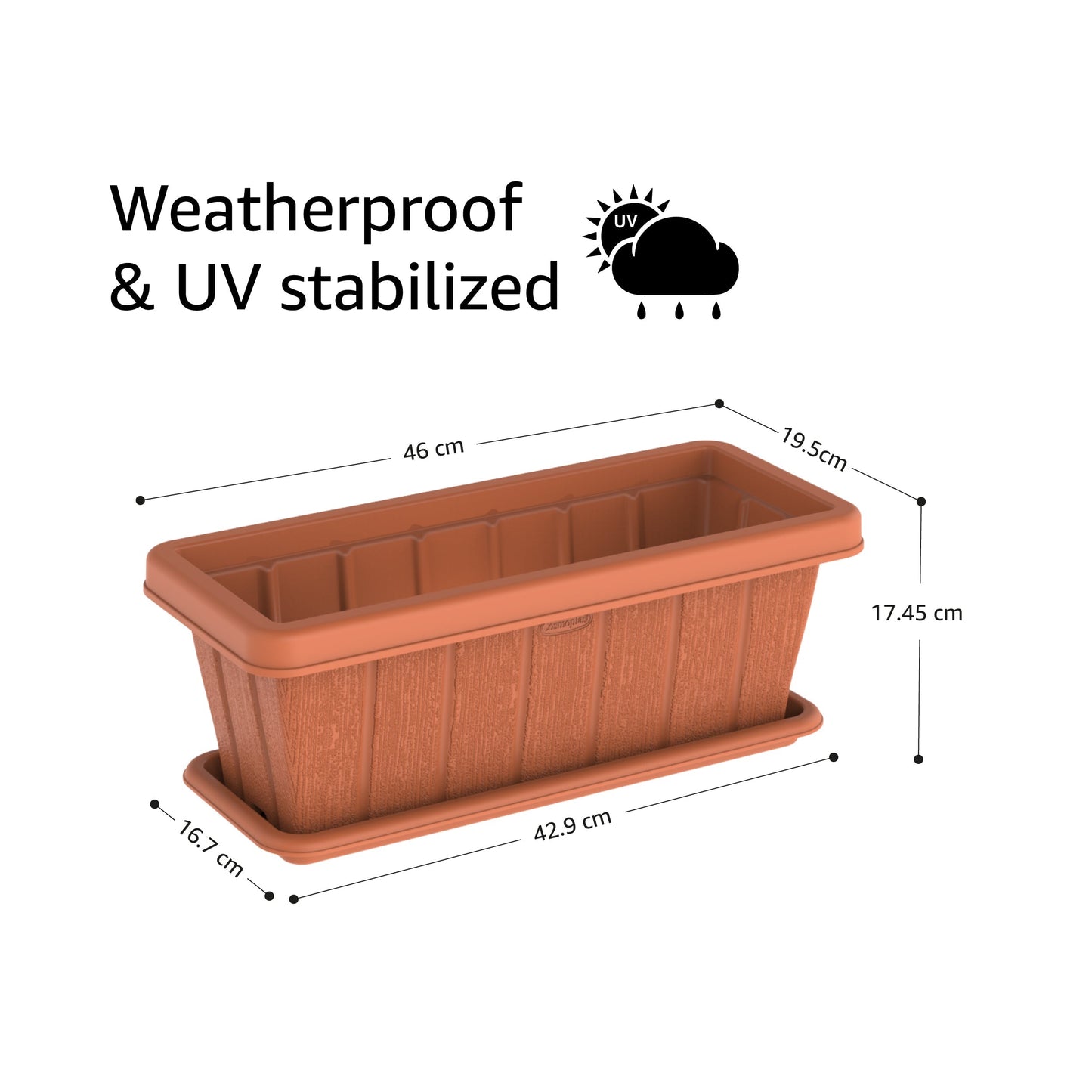 18" Cedargrain Rectangular Planter with Tray - Cosmoplast Bahrain
